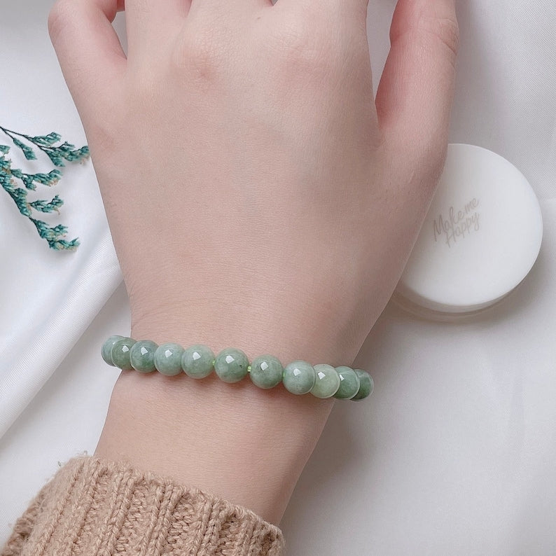 Aura Lucky Jade Bangle — Real Green Jadeite Bead Wristband (Queue #28)