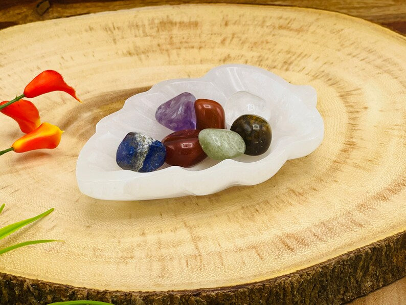 Aura Chakra Cleansing Selenite Bowl (10-cm) — Crown Chakra Charging Station with 7 Tumbled Gemstones
