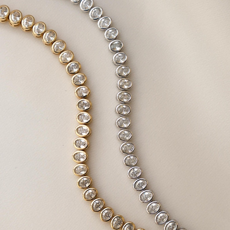 Aura Bezel Oval Tennis Strand — 14K Gold & Rhodium Plated Solitaire Bracelet