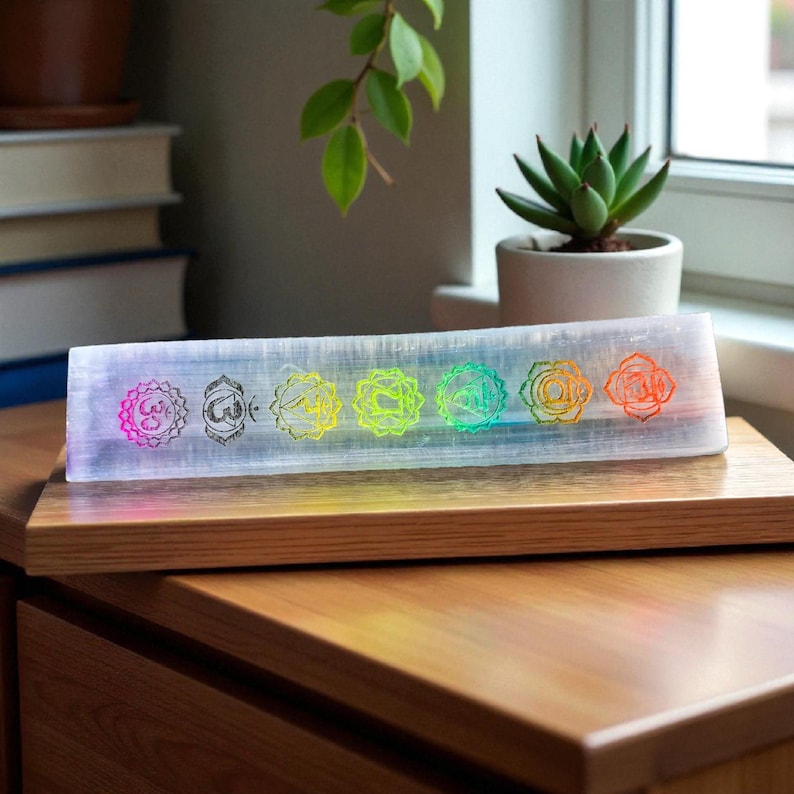 Aura Seven Chakras Selenite Charging Plate — Multi-Chakra Alignment Cleansing Slab