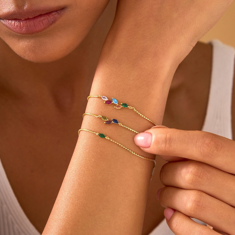 Custom Birthstone Leaf Bracelet — Botanical Cosmic Alignment