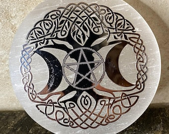 Aura Tree of Life Selenite Charging Plate — Sacred Geometry Altar Cleansing Slab