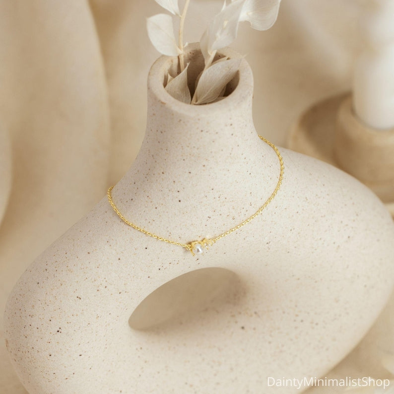 Aura Minimalist Pearl & Diamond Strand — 14K Gold Plated Bridal Bracelet