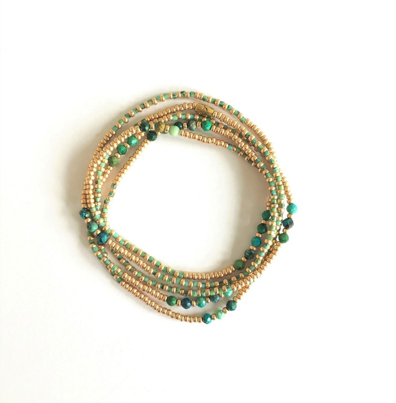 Aura Chrysocolla 5-Wrap Bracelet — Champagne Gold & Turquoise Boho Alignment Strand