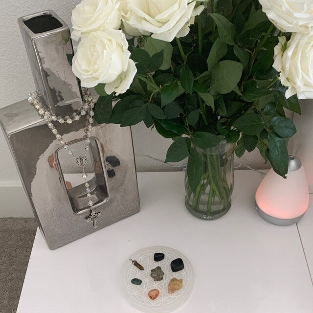 Aura Flower of Life Selenite Charging Plate — Sacred Geometry Altar Cleansing Slab