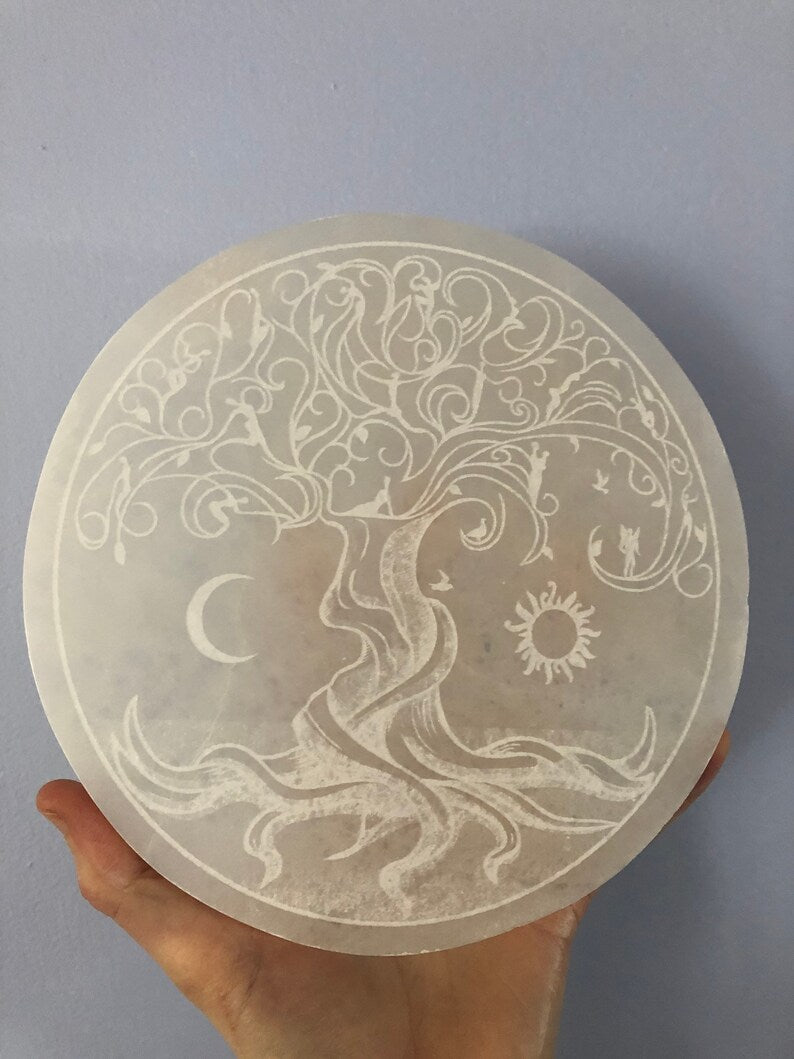 Aura Tree of Life Selenite Charging Plate — Sacred Geometry Altar Cleansing Slab