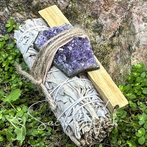 Aura Amethyst & Sacred Smudge Calm Bundle — Tranquility & Intuition Smudging Set