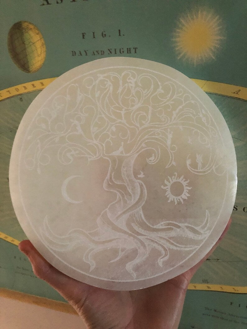 Aura Tree of Life Selenite Charging Plate — Sacred Geometry Altar Cleansing Slab