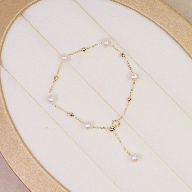 Dainty Dewdrop Pearl Strand — 18K Gold & Natural Freshwater Pearl Bracelet