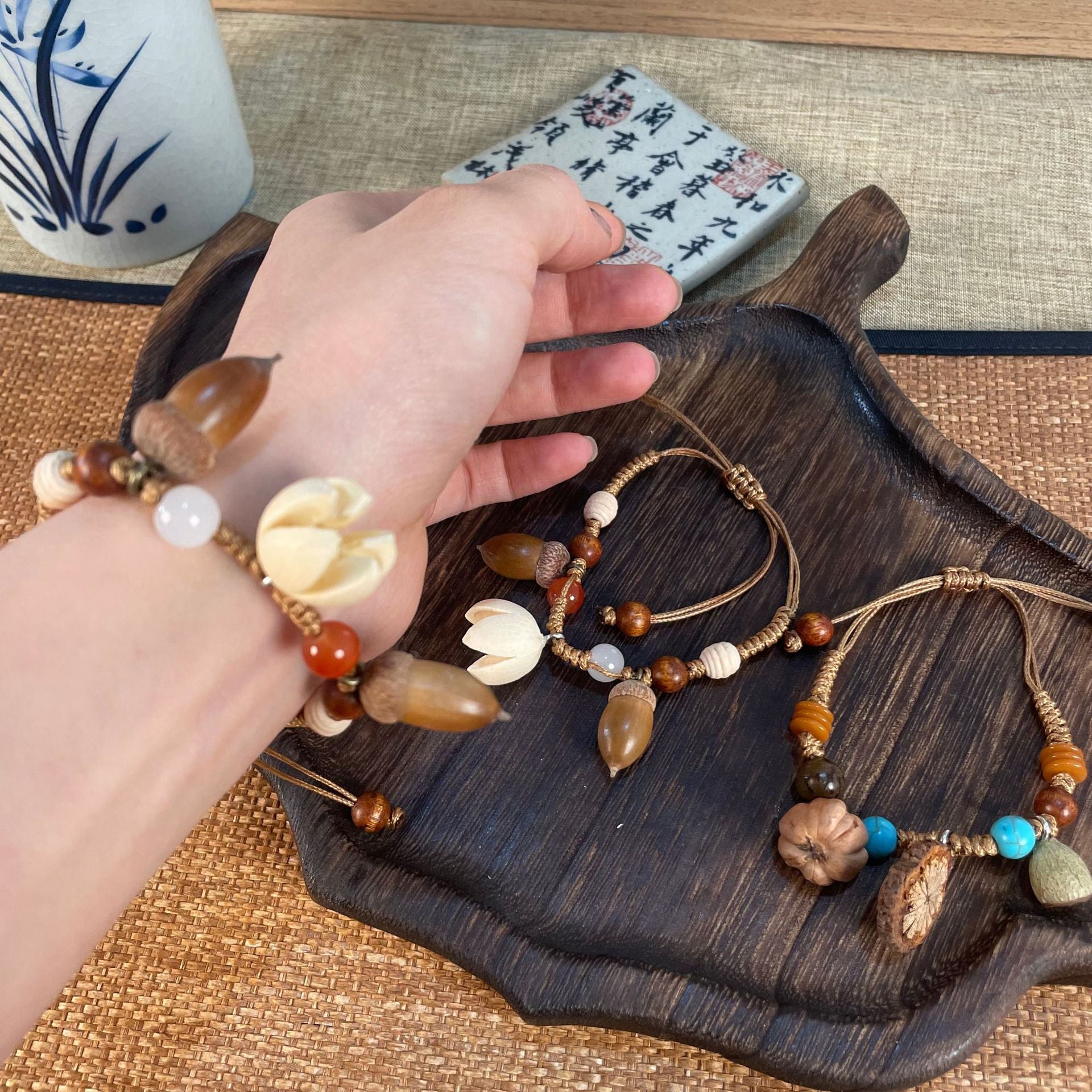 Aura Ocean Agate Macrame Strand — Handcrafted Eco-Friendly Hemp Bangle (Queue #26)