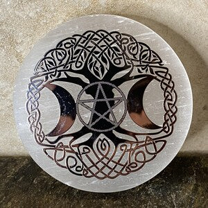 Aura Tree of Life Selenite Charging Plate — Sacred Geometry Altar Cleansing Slab