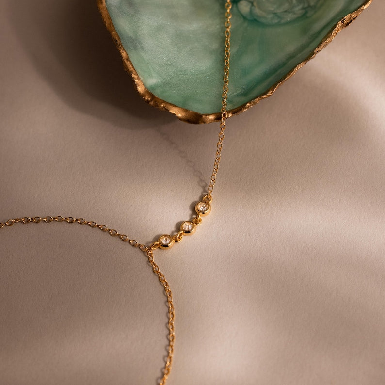 Aura Dainty Diamond Hand Chain — 18K Gold Plated Bezel CZ Bracelet