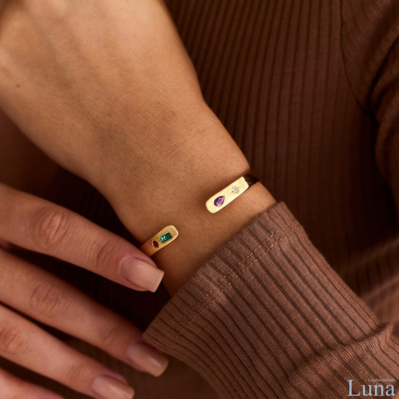 Aura Custom Constellation Cuff — 14K Gold Personalized Birthstone Bracelet