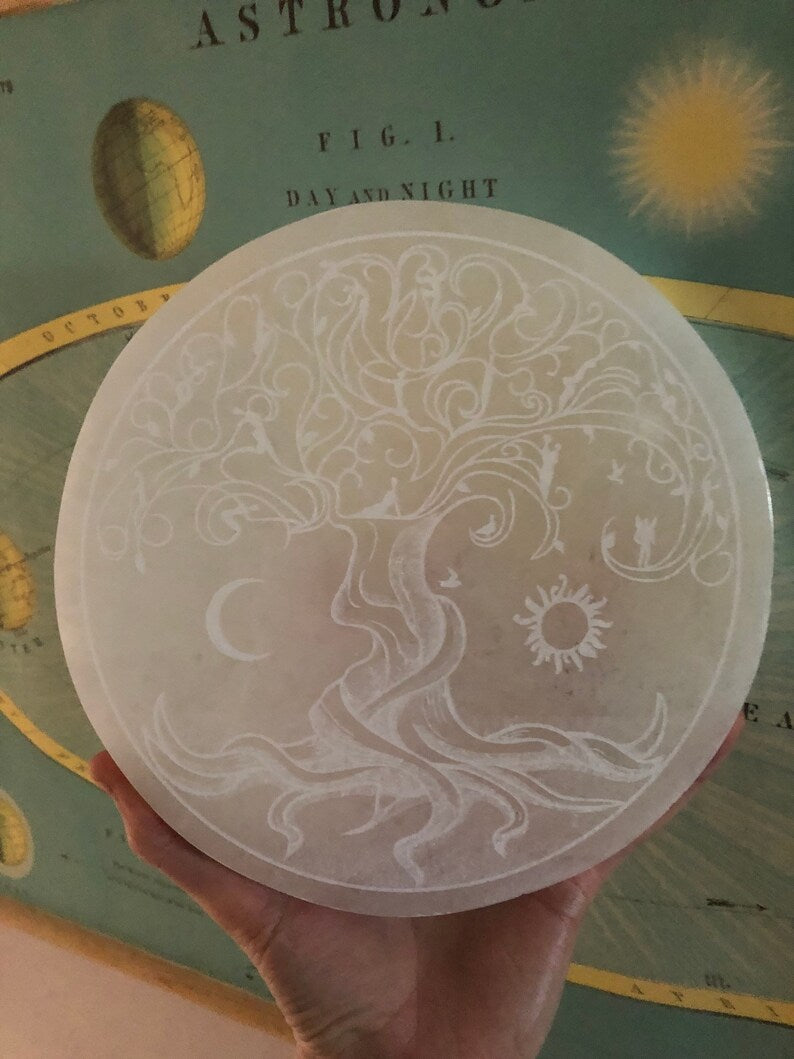 Aura Tree of Life Selenite Charging Plate — Sacred Geometry Altar Cleansing Slab