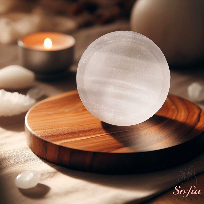 Aura Polished Circle Selenite Plate — Minimalist Altar Cleansing Slab