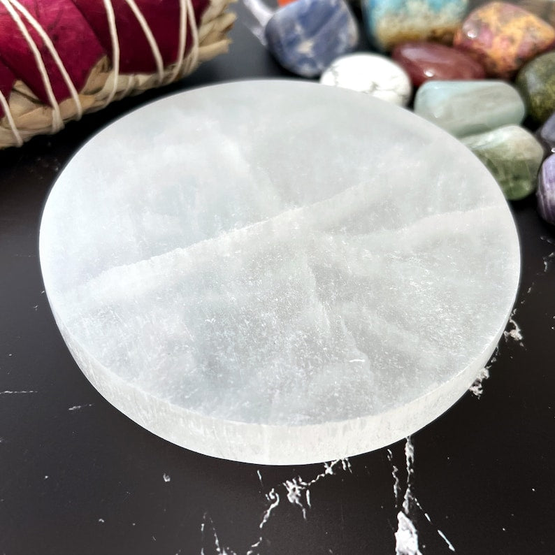 Aura Polished Circle Selenite Plate — Minimalist Altar Cleansing Slab