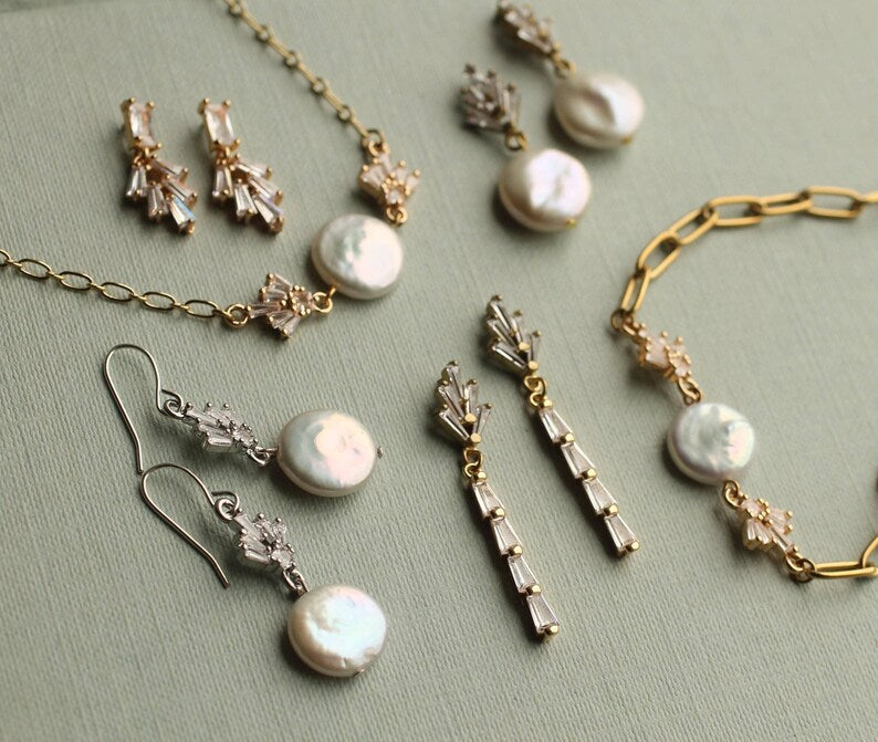 Aura Art Deco Pearl Strand — 18K Gold Plated Geometric Bridal Bracelet