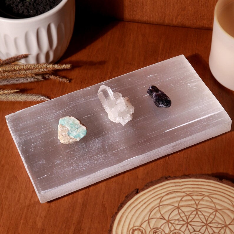 Aura Seven Chakras Selenite Charging Plate — Multi-Chakra Alignment Cleansing Slab