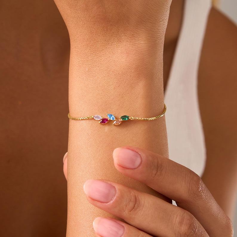 Custom Birthstone Leaf Bracelet — Botanical Cosmic Alignment