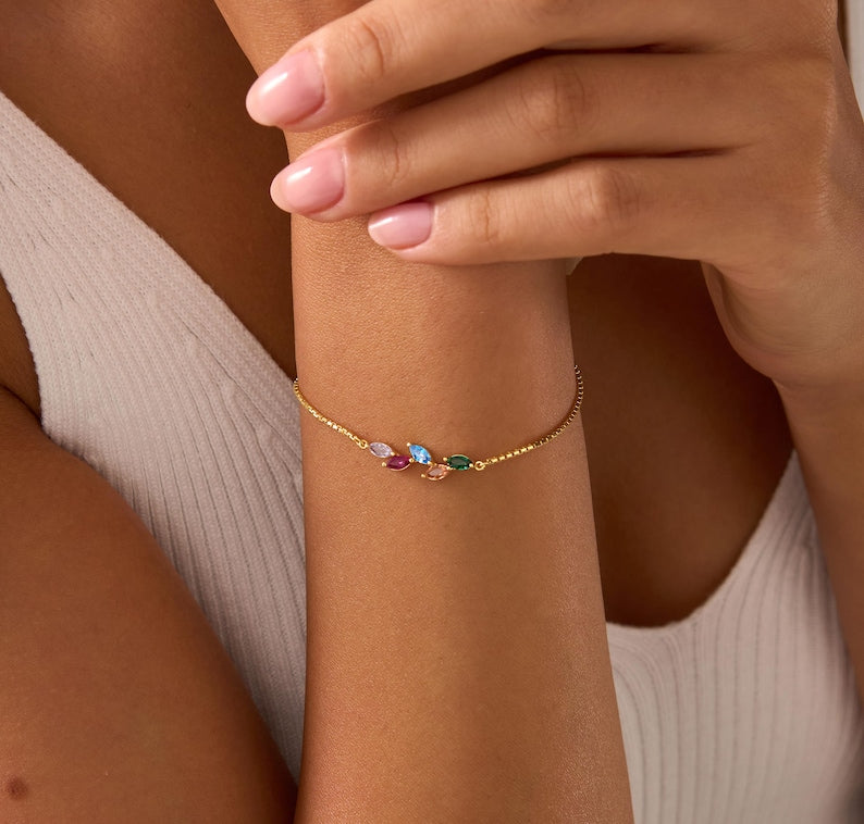 Custom Birthstone Leaf Bracelet — Botanical Cosmic Alignment