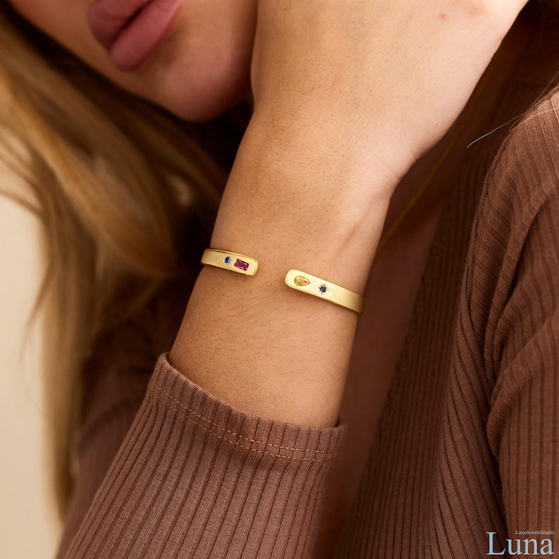 Aura Custom Constellation Cuff — 14K Gold Personalized Birthstone Bracelet