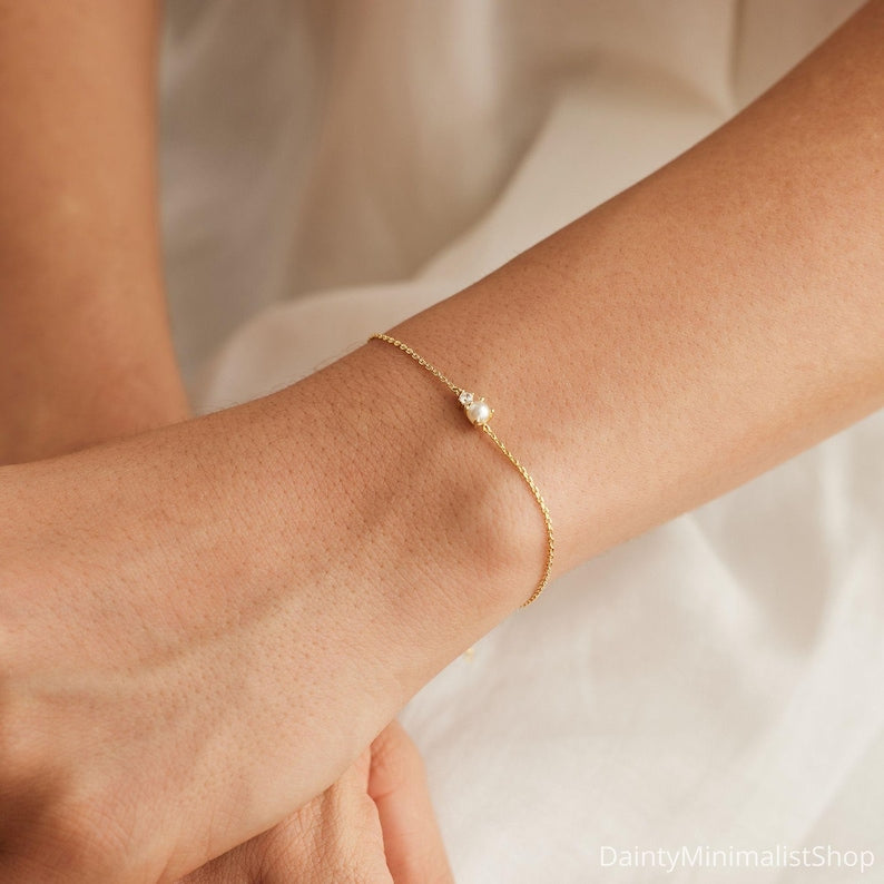 Aura Minimalist Pearl & Diamond Strand — 14K Gold Plated Bridal Bracelet
