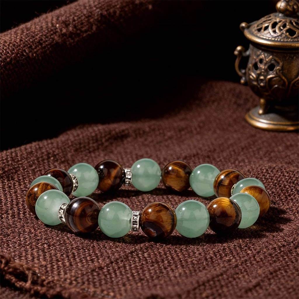 Crystal Beaded Bracelet — Vintage-Style Natural Stone Strand - Tiger's Eye & Green Aventurine - Wealth & Protection