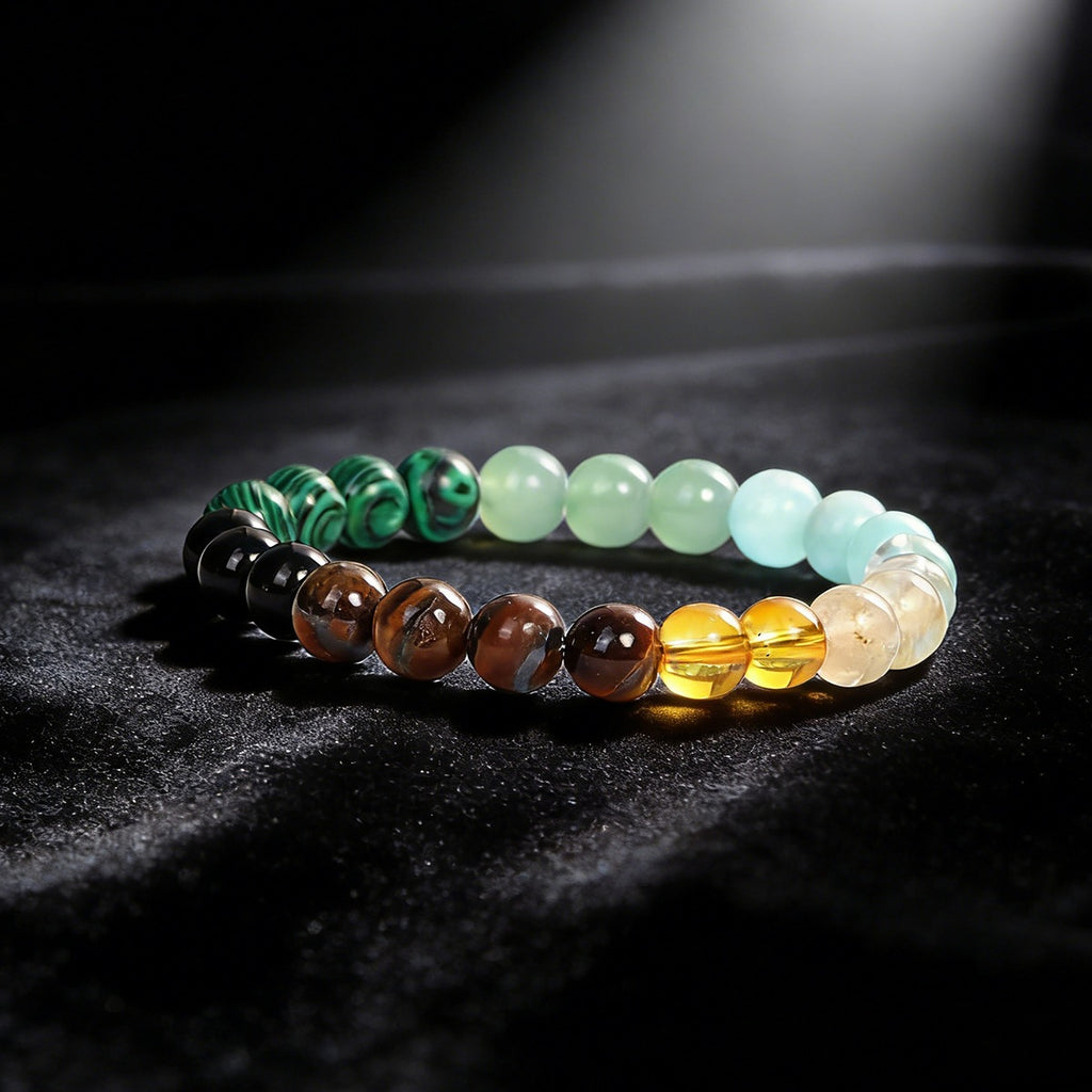 Crystal Beaded Bracelet — Vintage-Style Natural Stone Strand - Citrine, Amazonite, Malachite, & Tiger's Eye - Wealth Attraction