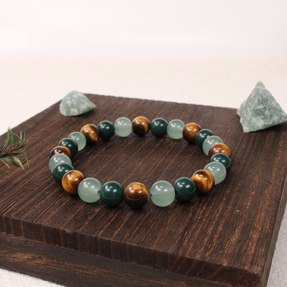 Crystal Beaded Bracelet — Vintage-Style Natural Stone Strand - Tiger's Eye, Aventurine, & Green Agate - Career Success