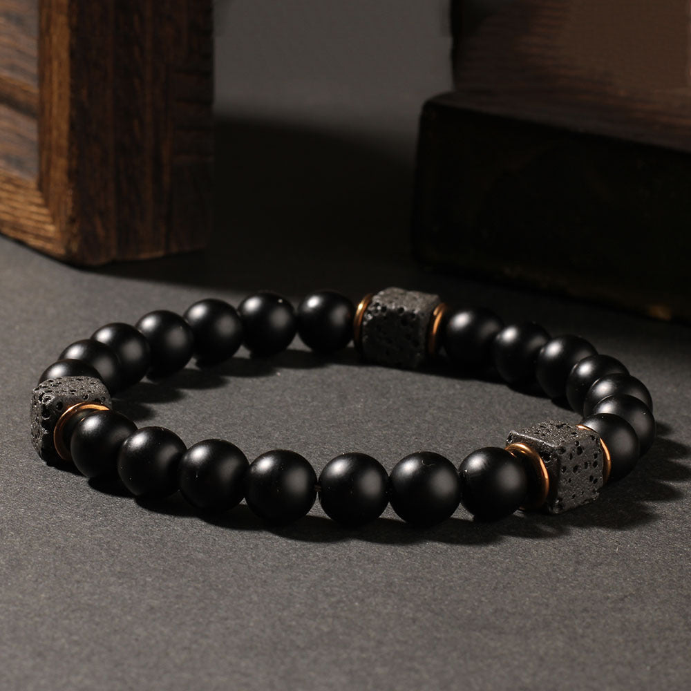 Aura Vulcan Grounding Strand — Square Lava Stone & Matte Onyx Bracelet