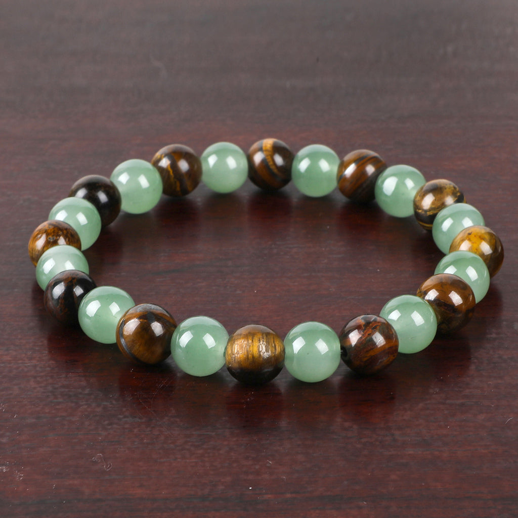 Crystal Beaded Bracelet — Vintage-Style Natural Stone Strand - Tiger's Eye & Green Aventurine - Wealth & Protection