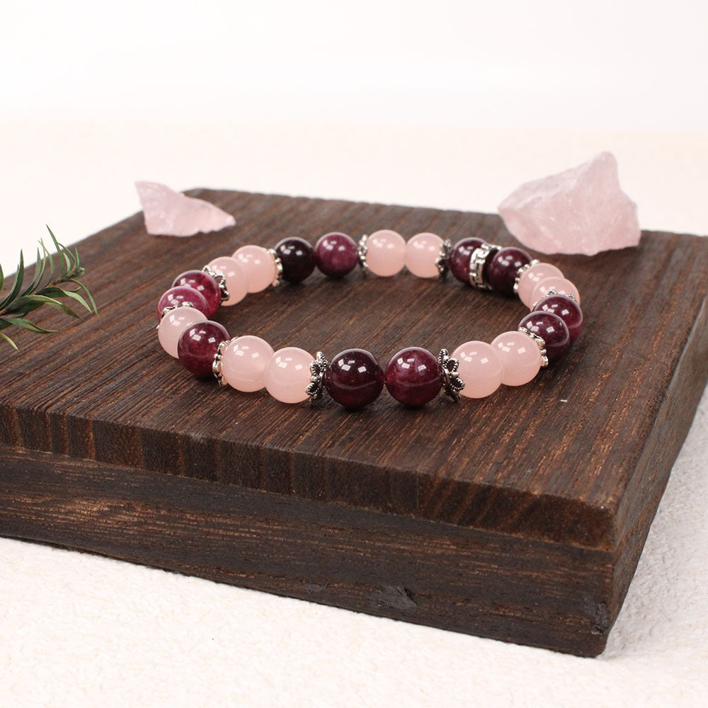 Crystal Beaded Bracelet — Vintage-Style Natural Stone Strand - Rose Quartz, Lepidolite, & Garnet - Self-Love