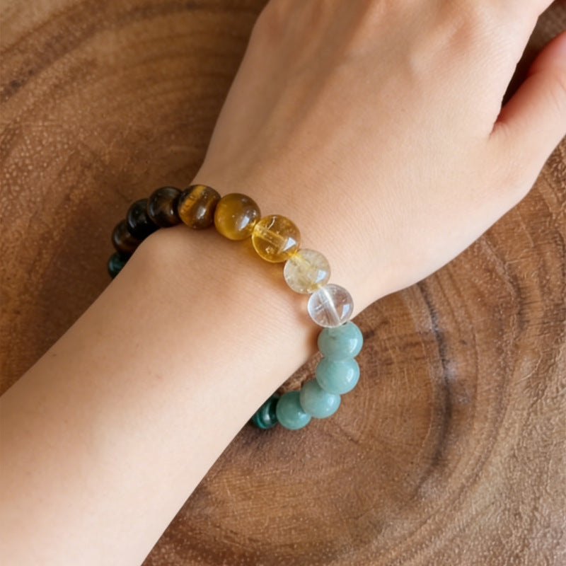 Crystal Beaded Bracelet — Vintage-Style Natural Stone Strand - Citrine, Amazonite, Malachite, & Tiger's Eye - Wealth Attraction