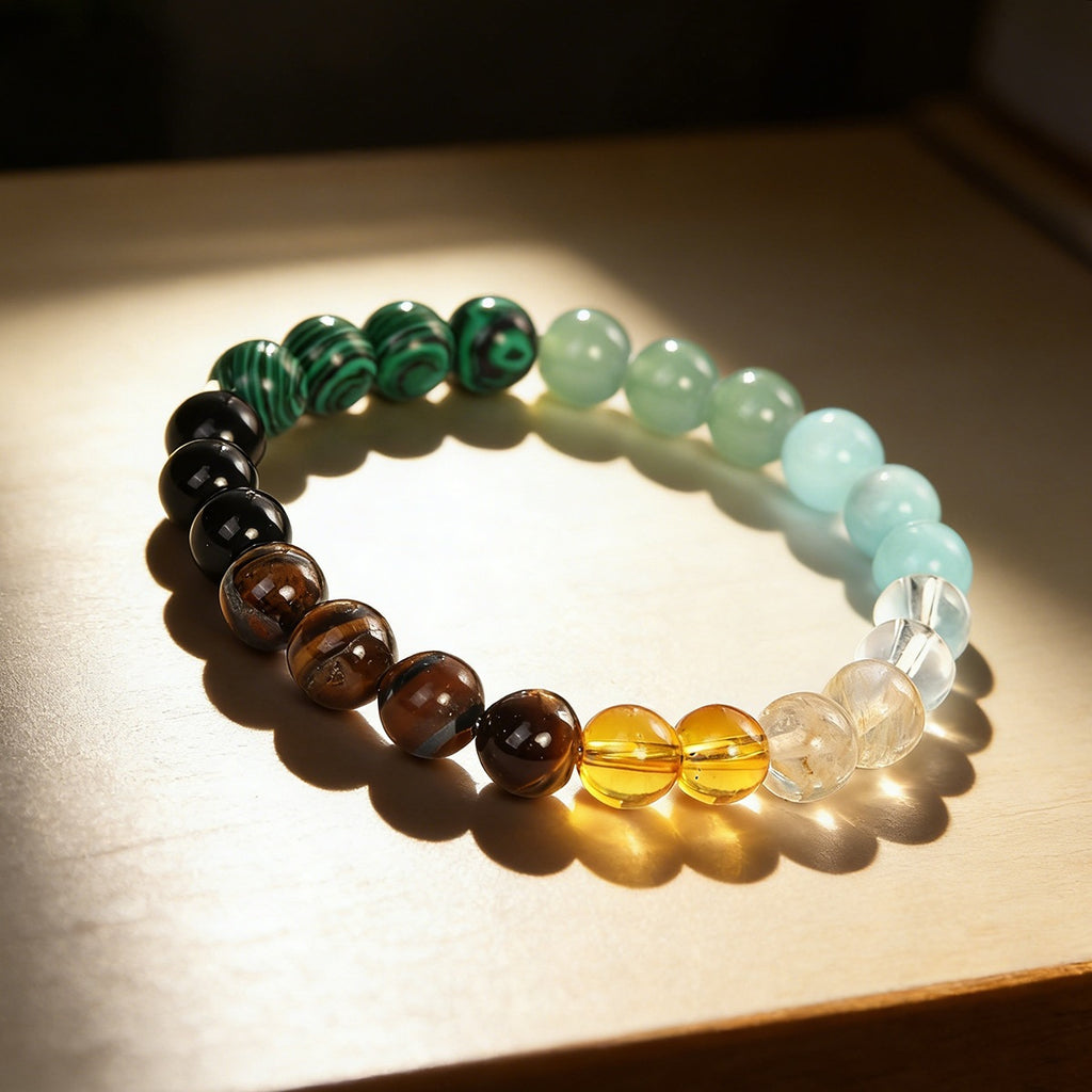 Crystal Beaded Bracelet — Vintage-Style Natural Stone Strand - Citrine, Amazonite, Malachite, & Tiger's Eye - Wealth Attraction