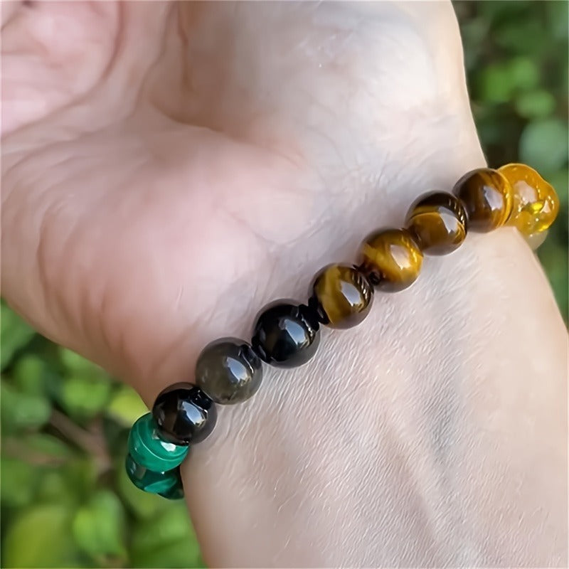 Crystal Beaded Bracelet — Vintage-Style Natural Stone Strand - Citrine, Amazonite, Malachite, & Tiger's Eye - Wealth Attraction