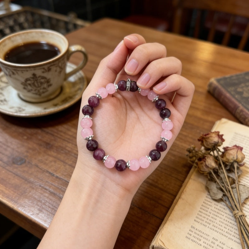 Crystal Beaded Bracelet — Vintage-Style Natural Stone Strand - Rose Quartz, Lepidolite, & Garnet - Self-Love