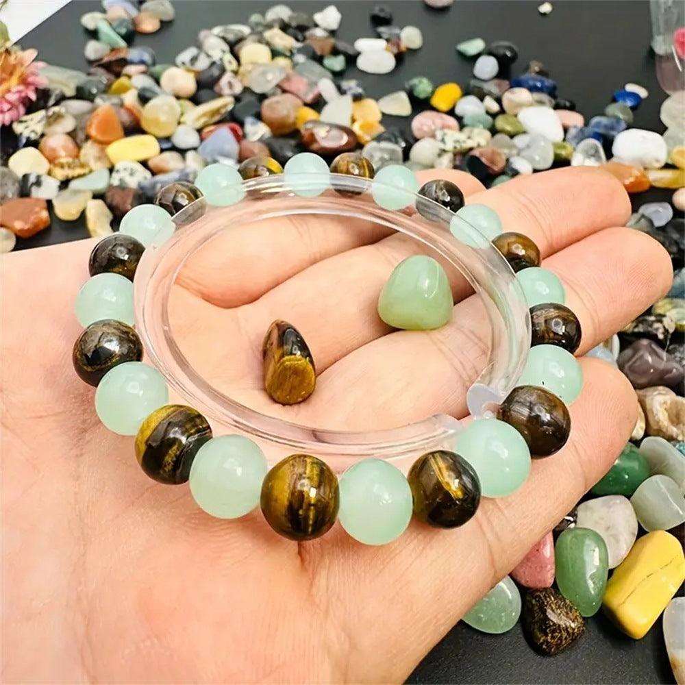 Crystal Beaded Bracelet — Vintage-Style Natural Stone Strand - Tiger's Eye & Green Aventurine - Wealth & Protection