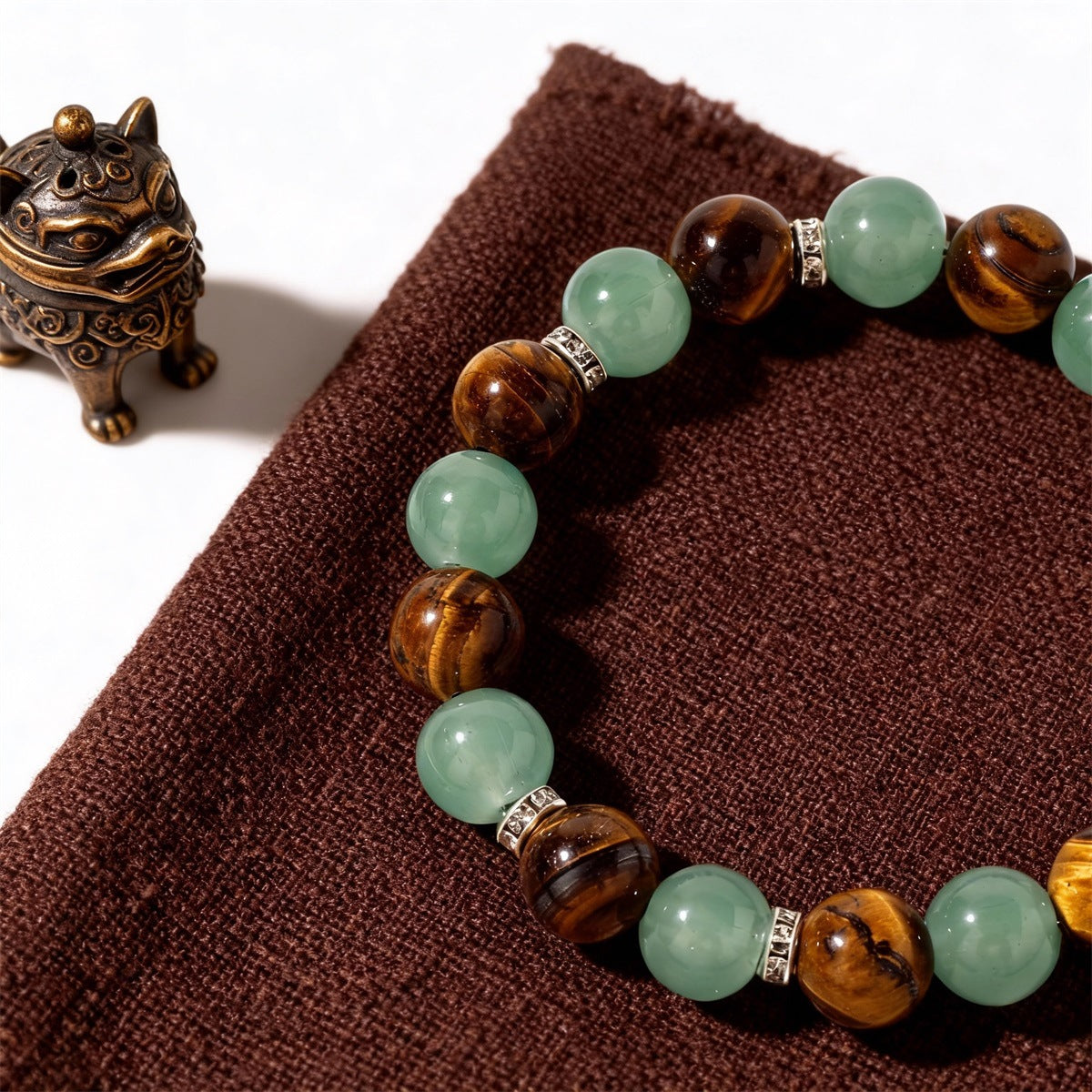Crystal Beaded Bracelet — Vintage-Style Natural Stone Strand - Tiger's Eye & Green Aventurine - Wealth & Protection