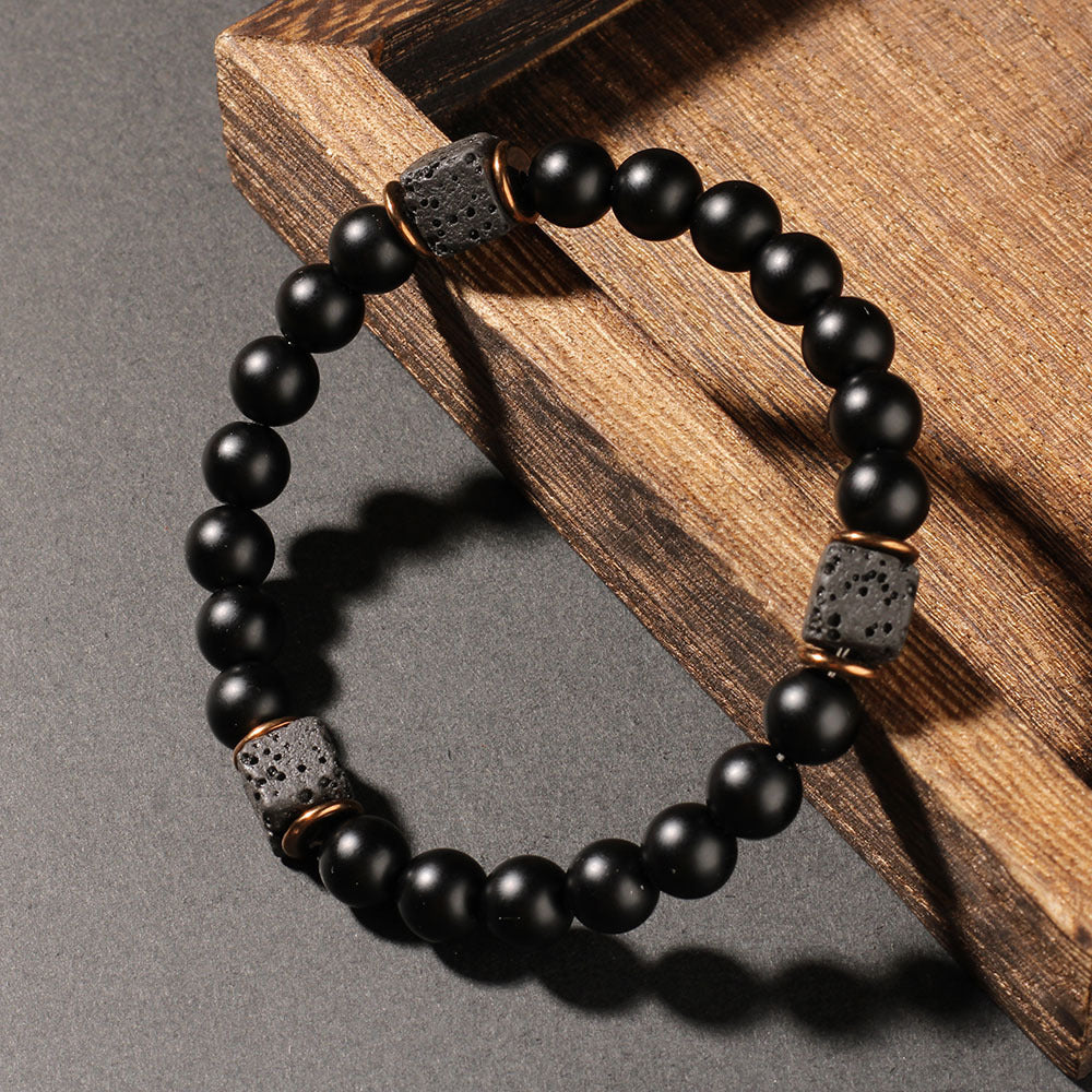 Aura Vulcan Grounding Strand — Square Lava Stone & Matte Onyx Bracelet