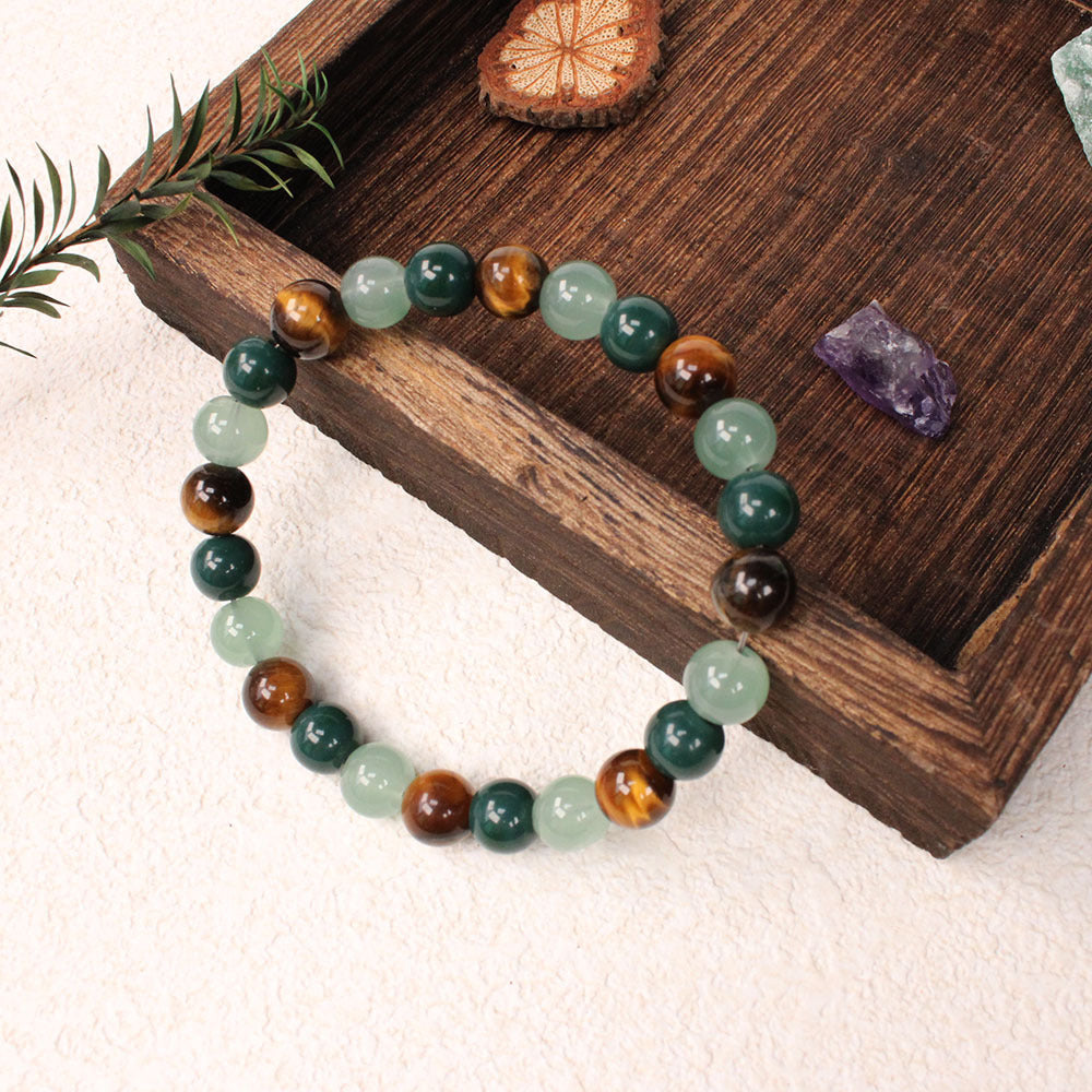 Crystal Beaded Bracelet — Vintage-Style Natural Stone Strand - Tiger's Eye, Aventurine, & Green Agate - Career Success