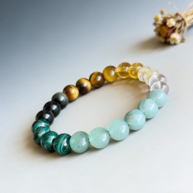 Crystal Beaded Bracelet — Vintage-Style Natural Stone Strand - Citrine, Amazonite, Malachite, & Tiger's Eye - Wealth Attraction