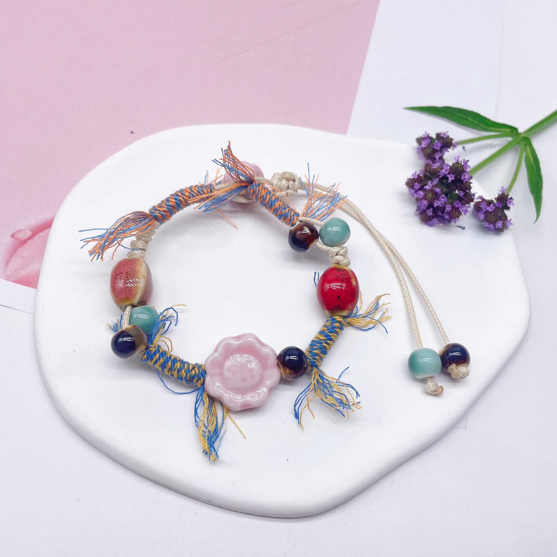 Aura Artisan Ceramic Charm Strand — Hand-Woven Friendship Bracelet