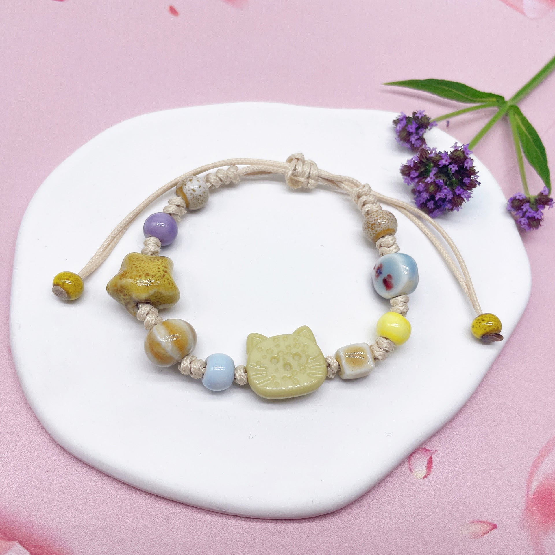Aura Artisan Ceramic Charm Strand — Hand-Woven Friendship Bracelet