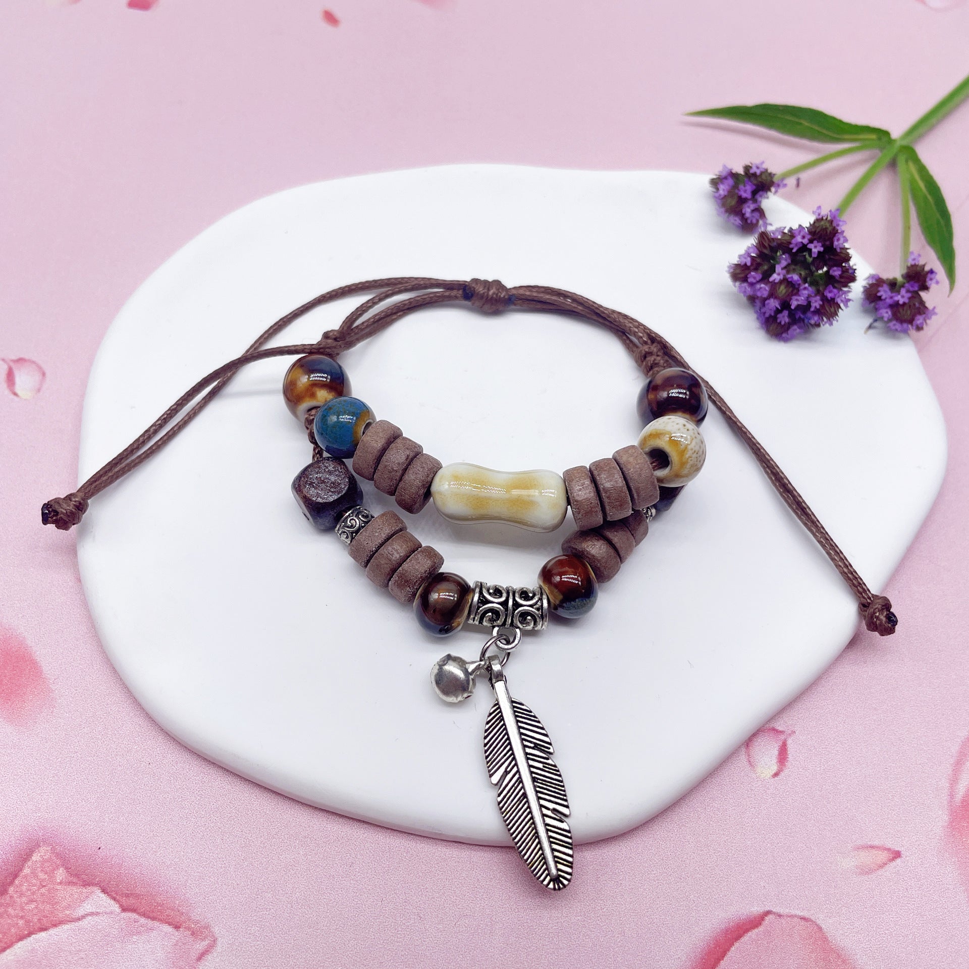 Aura Artisan Ceramic Charm Strand — Hand-Woven Friendship Bracelet