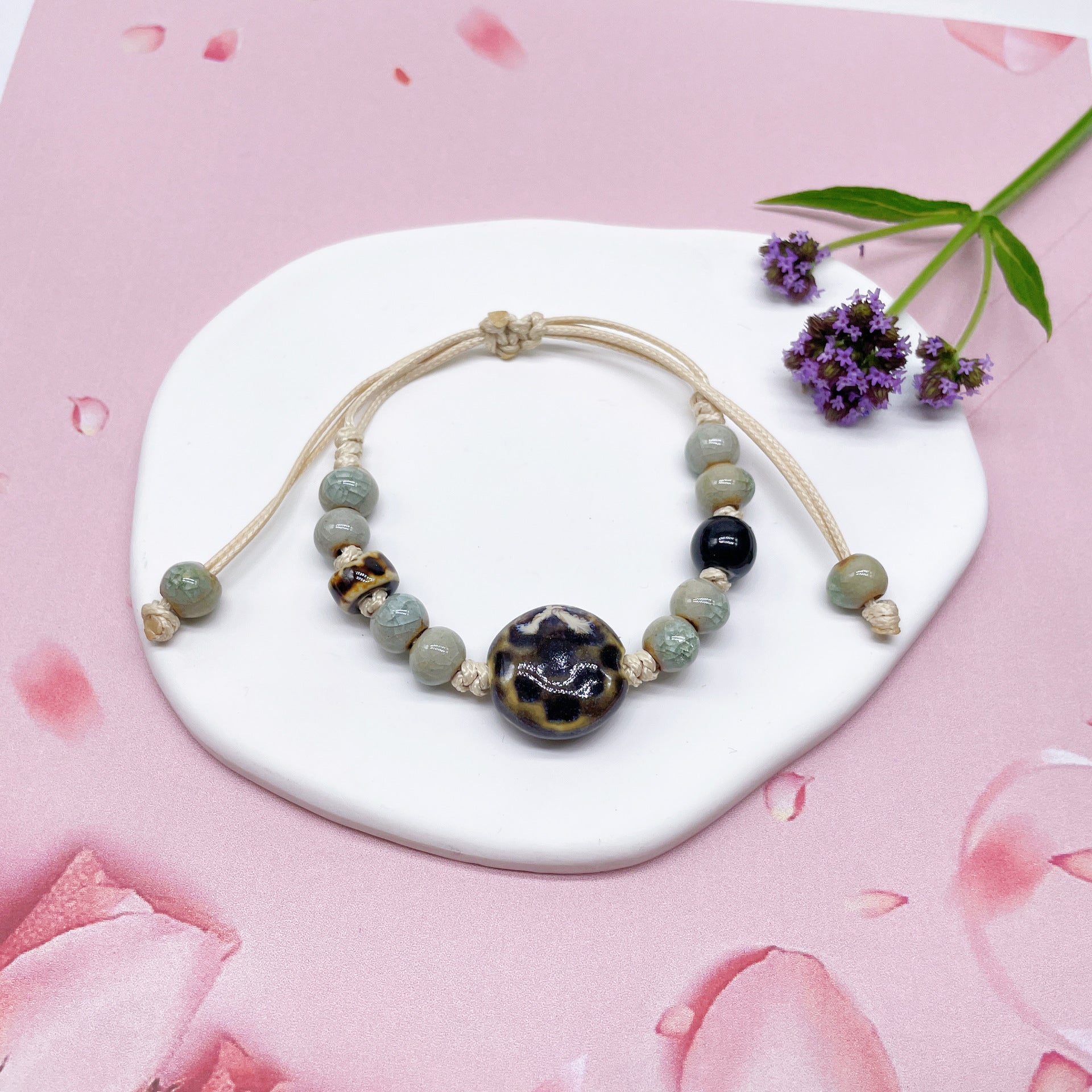 Aura Artisan Ceramic Charm Strand — Hand-Woven Friendship Bracelet