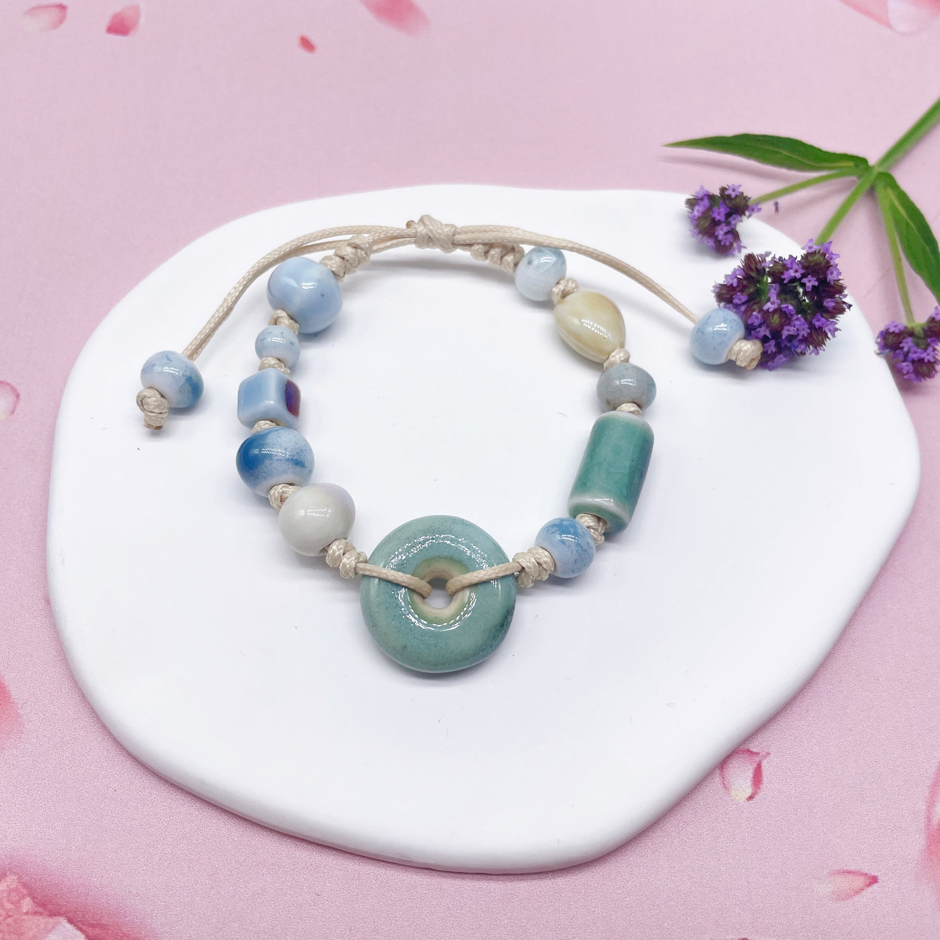 Aura Artisan Ceramic Charm Strand — Hand-Woven Friendship Bracelet
