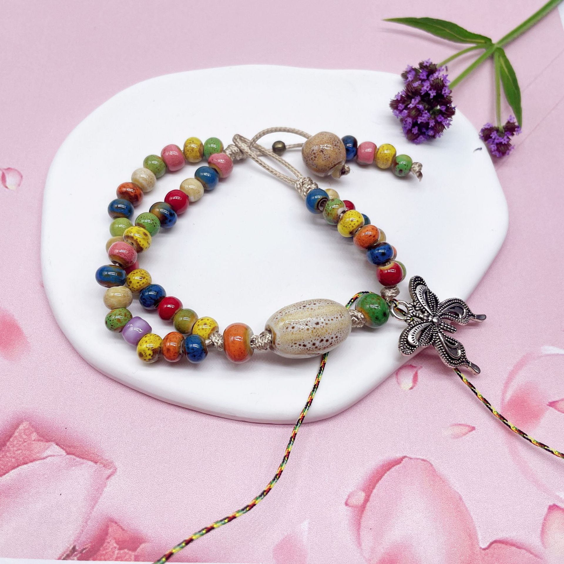 Aura Artisan Ceramic Charm Strand — Hand-Woven Friendship Bracelet