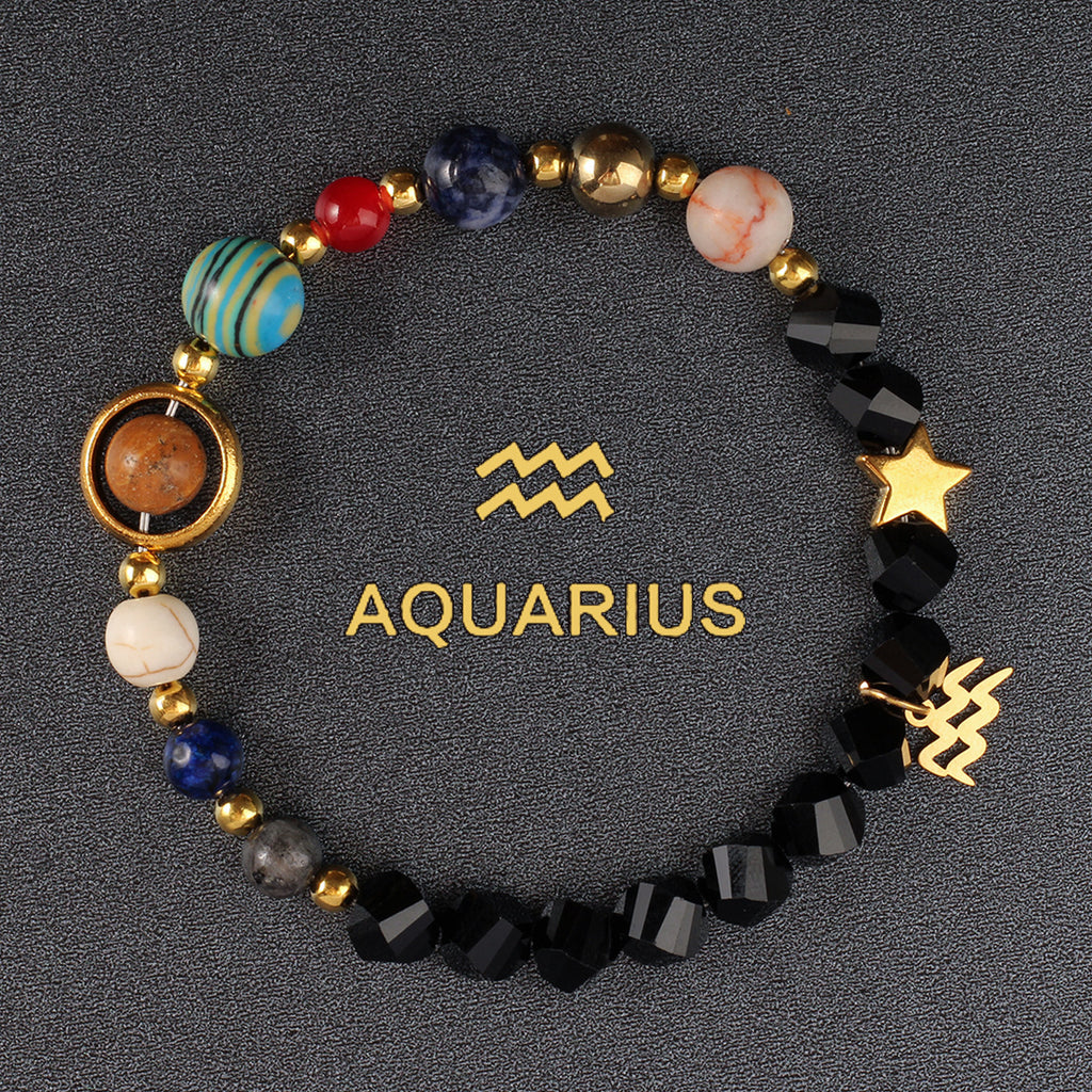 Zodiac Bracelet with Eight Planets & Faceted Black Stones
