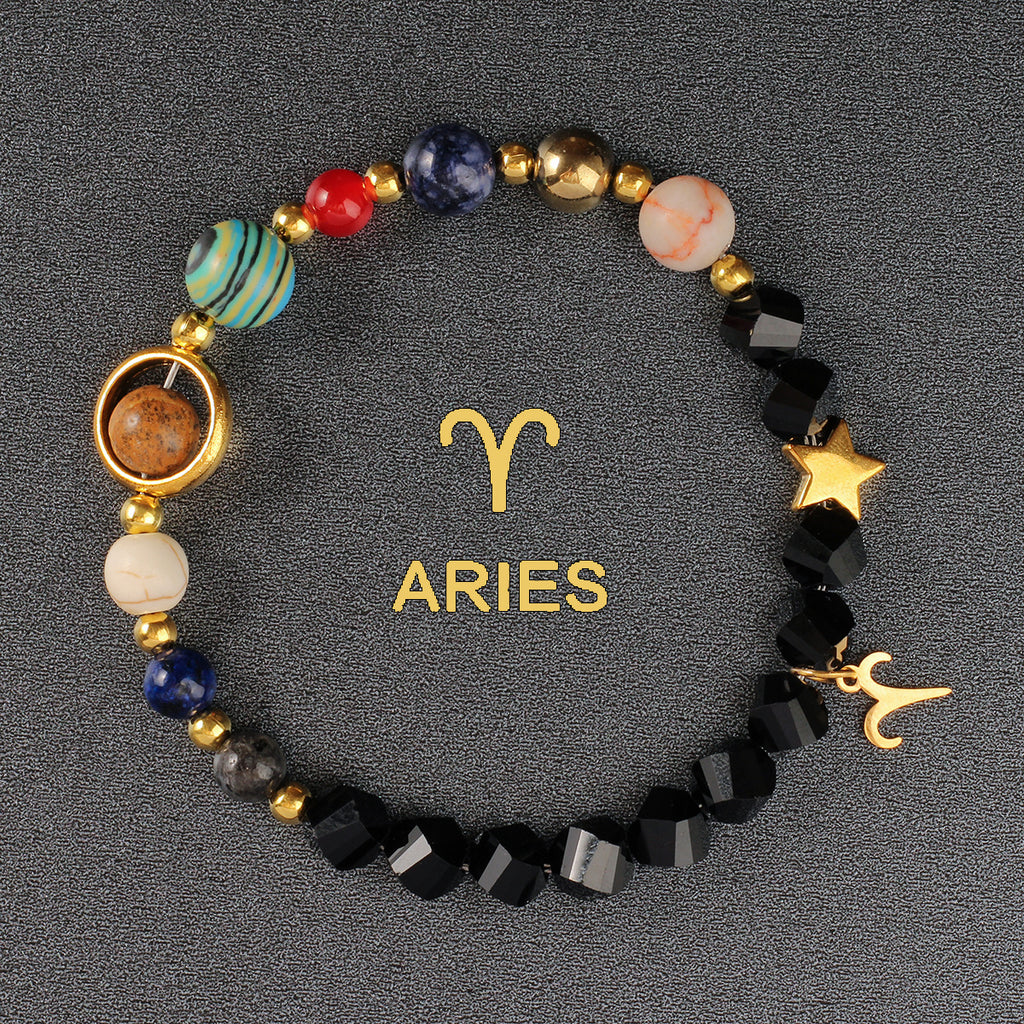 Zodiac Bracelet with Eight Planets & Faceted Black Stones