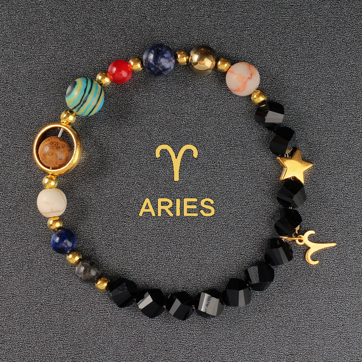 Zodiac Bracelet with Eight Planets & Faceted Black Stones